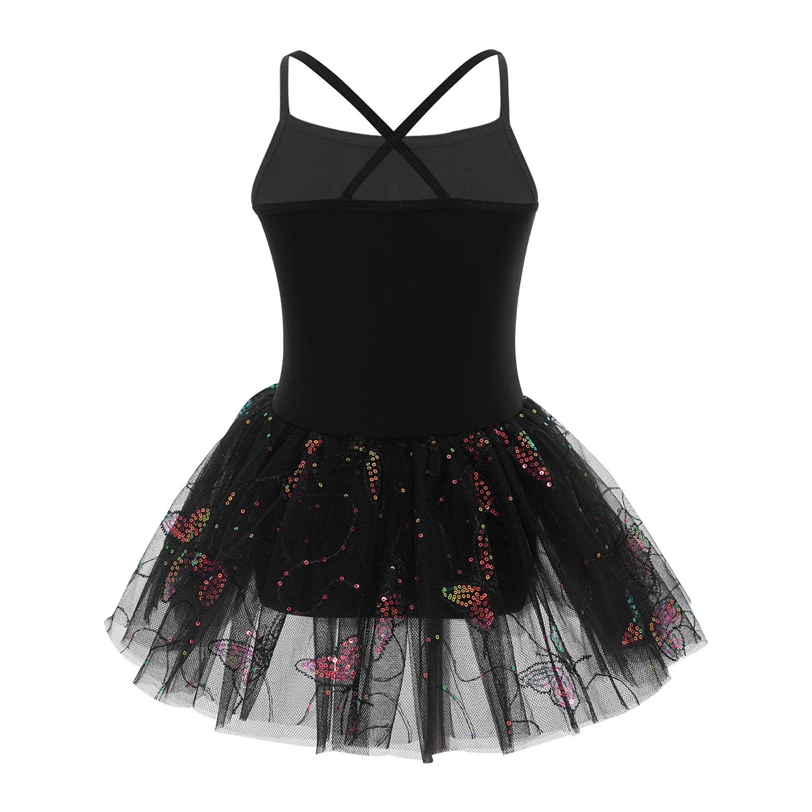 Body senza maniche per ragazze Vestito da tutu per balletto Abiti da ginnastica Abito da ballo con farfalla con paillettes incrociate sul retro con slip incorporati