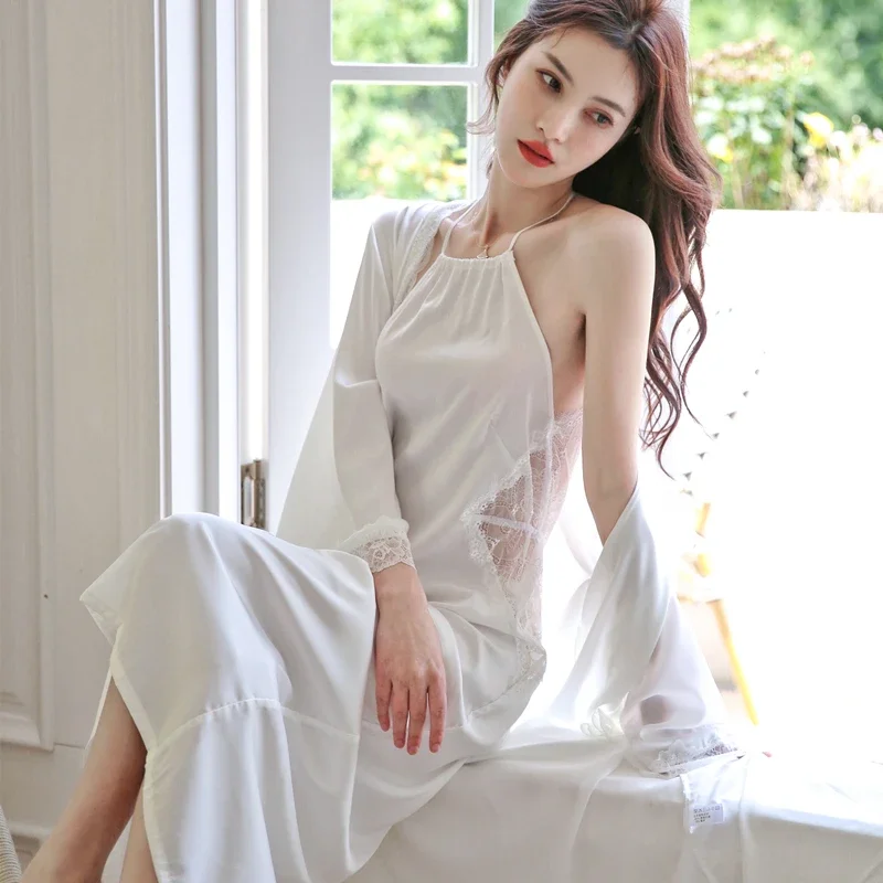 Sexy Full Slip Lace White Silk Pajamas Set Women Backless Bride Wedding Robe Nightgown Sleepwear Kimono Bathrobe Lingerie