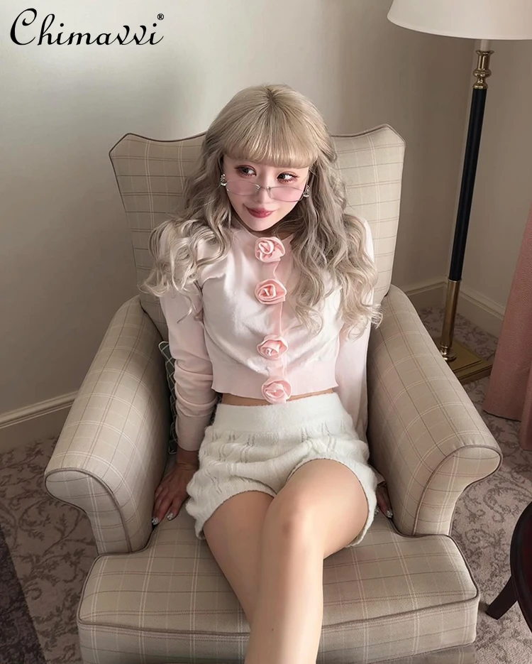 

Японский милый тонкий женский вязаный кардиган с длинными рукавами и круглым вырезом, осенний новый милый короткий свитер с 3D розой на груди для девочек