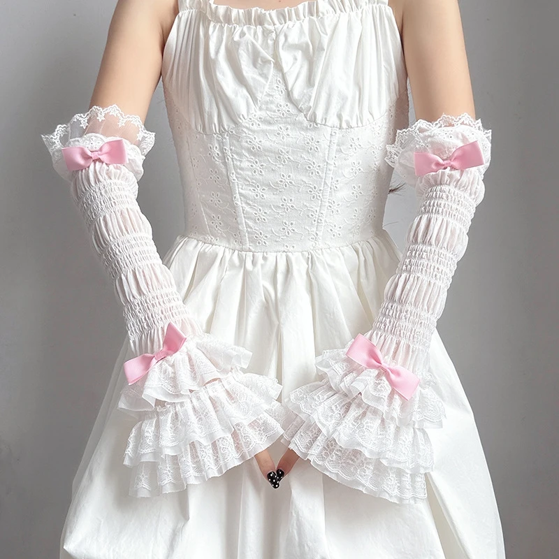 

Lolita Cute Bowknot Arm Sleeves Girl Ruffled Layered Sun Protection Long Fingerless Gloves Bridal Party Cosplay Accessory