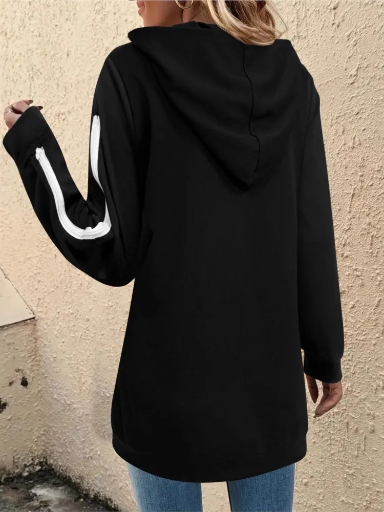 เสื้อโค้ทมีฮู้ดแบบซิปสำหรับผู้หญิง สไตล์เทรนด์ฤดูใบไม้ร่วงและฤดูหนาว ดีไซน์โดดเด่น สีพื้น แขนยาว ปลายแขนซิปเปิด
