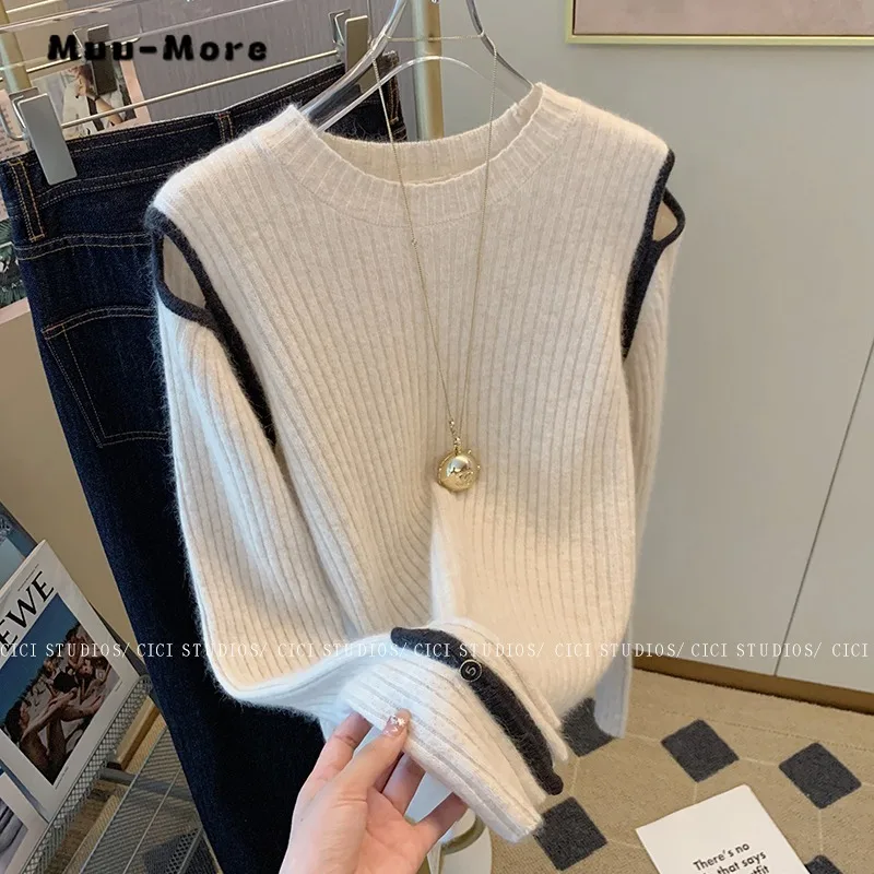 

2023 Autumn Winter Casual Knitting Long Sleeve Hollow Out Pullovers For Women Vintage Sexy Loose Fit Knitwear Sweater Top