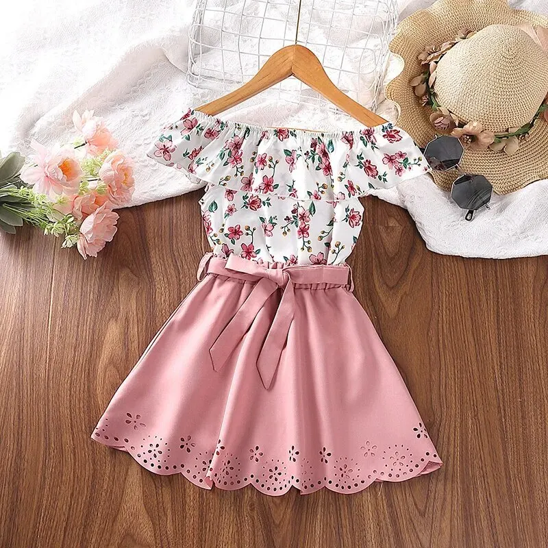 

Kids Outfit For 4-7 Years Baby Floral Ruffle T-Shirt & Pink Belted Openwork-Hem Skirt Sweet Style Girls Sets Summer Suits