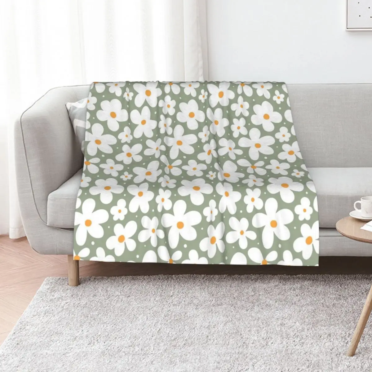 

Groovy Daisies Floral Retro Daisy Pattern Sage Olive Green Throw Blanket Soft Plush Plaid Summer Flannel Hair Blankets