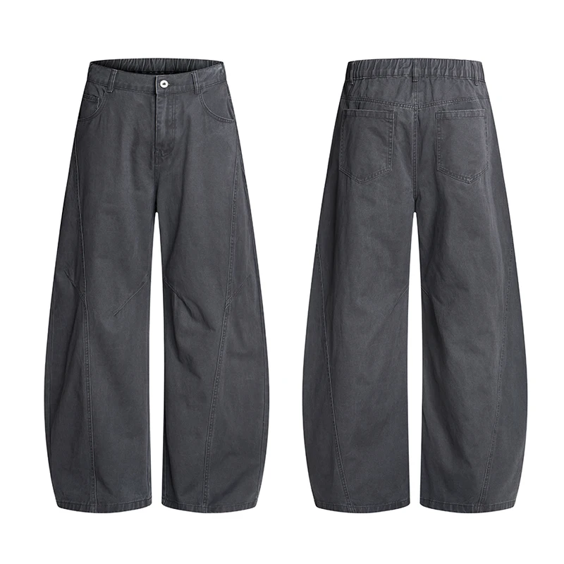 Streetwear Men's Curved Pants Deconstructed Seam Baggy Fit Back Ealstic Waist Casual Wide Leg Floor Length Trousers