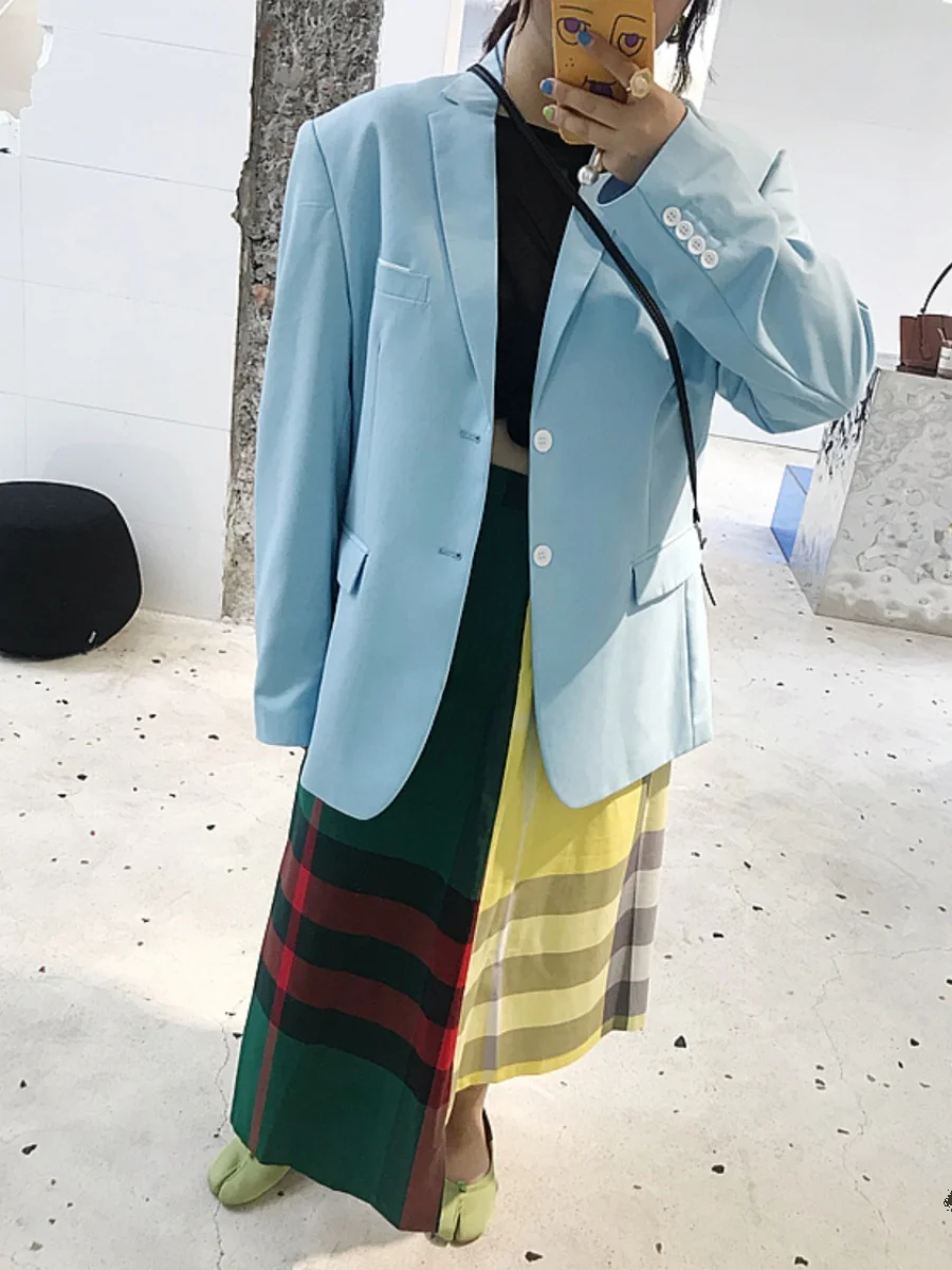 

Blue Shoulder Pad Suit Jacket Women's Loose Fit Street Style Long Sleeve Midi Length New Spring Chic Simple Design plus Size