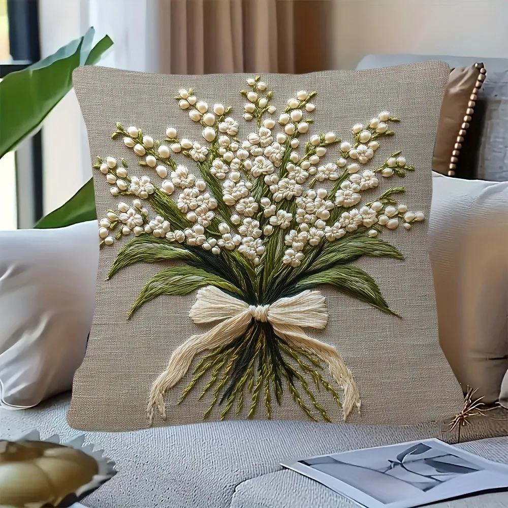 Vintage grüner, floraler, eleganter, mit Gänseblümchen-Imitationsstickerei bedruckter Kissenbezug, Heimdekorationskissen, Wohnzimmer-Sofa-Deko