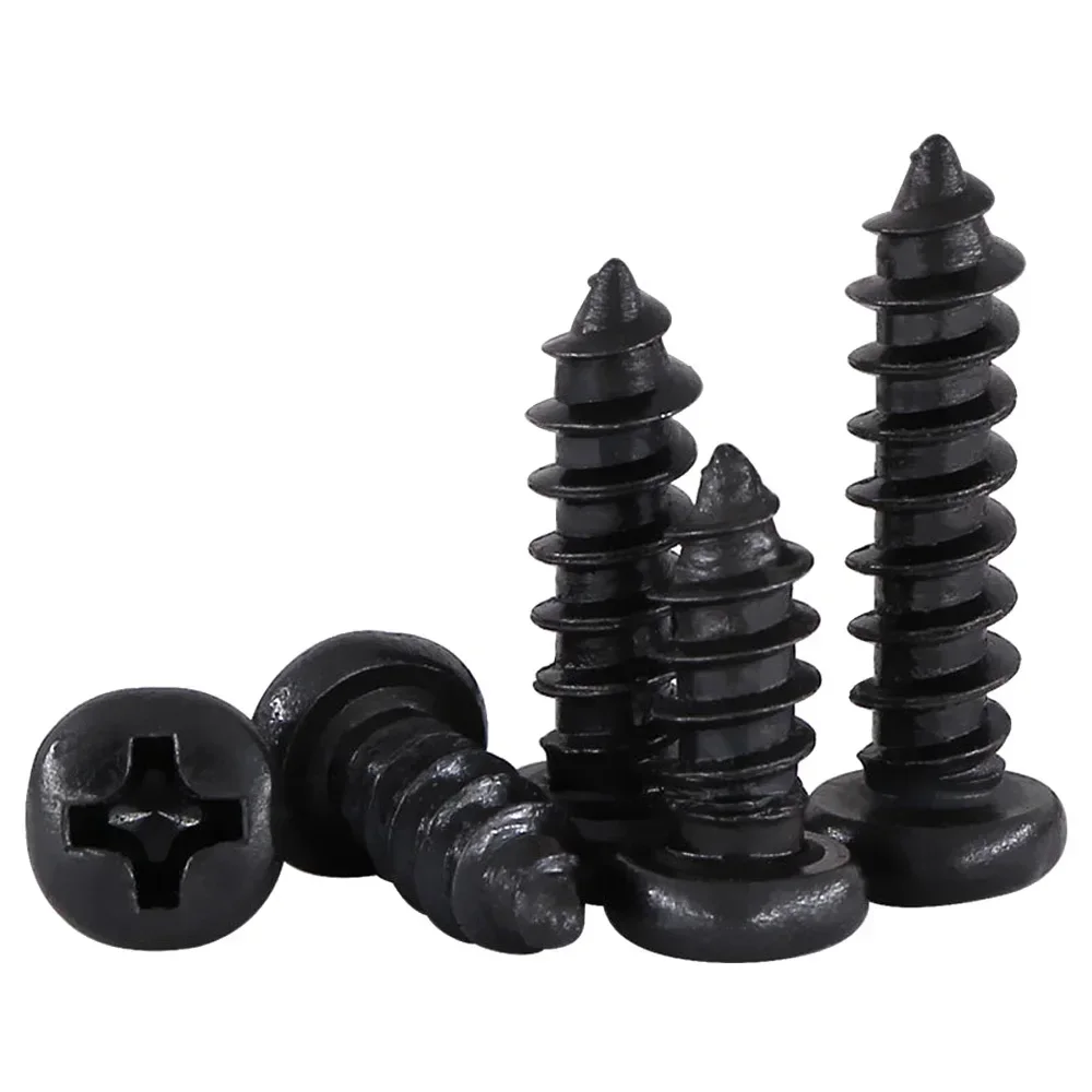 100pcs Black Carbon Steel Screws M1 M1.2 M1.4 M1.5 M1.7 M2 M2.3 M2.6 M3 M3.5 M4 M5 Cross Round Head Phillips Self-tapping Screw