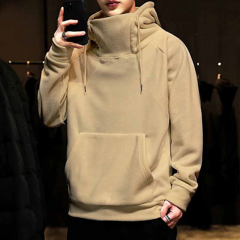 New autumn and winter turtleneck hooded fleece hoodie men pullover long-sleeved T-shirt simple loose sports leisure men