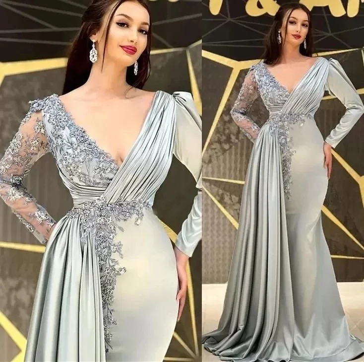 Silver Long Sleeves Evening Dresses Sexy Vestidos De Festa Lace V-Neck Soft Satin Mother Of Bridal Wedding Party Gowns 2026