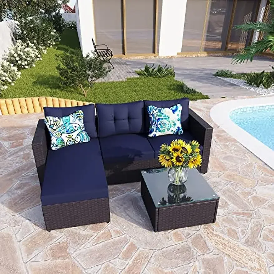 

77" Wide Outdoor Rattan Sectional Sofa with Cushions - Small Patio Wicker Furniture Set, 3 - Person Seating Group, Blue