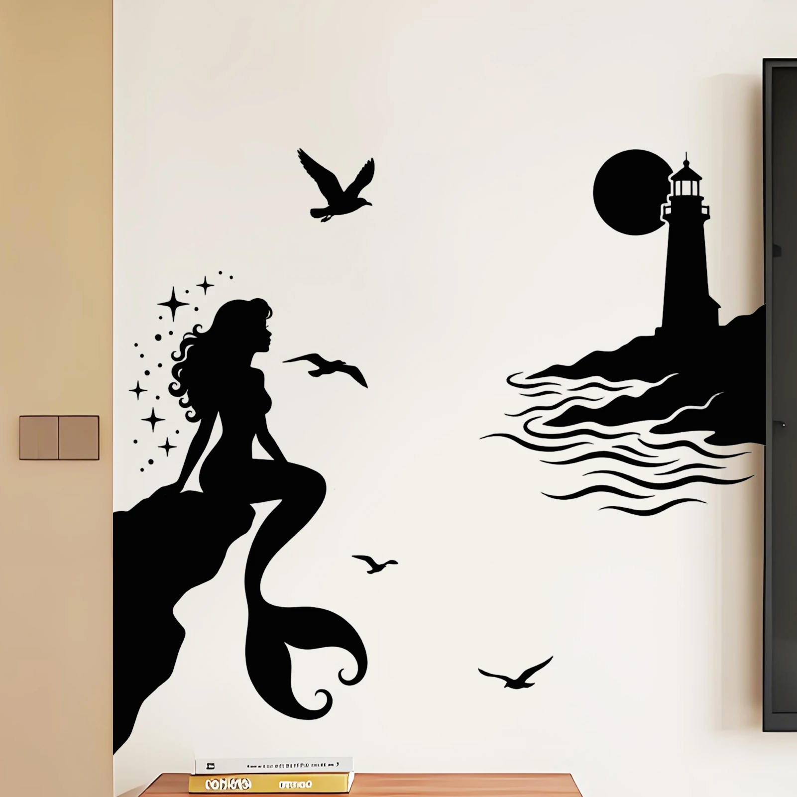 Black Silhouette Mermaid & Lighthouse Wall Sticker, Ocean Vinyl Decal for Room Decoration