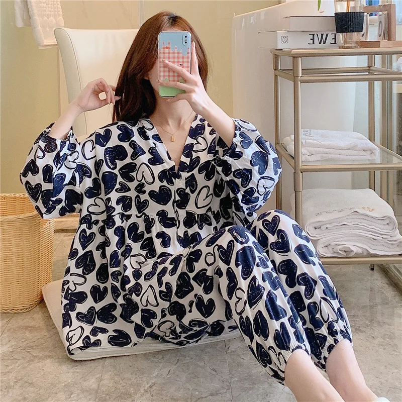 Summer Spring Japanese Sleepwear Long-sleeved Cotton Silk Pajamas Suit Thin Casual Home Wear Women Girls Large Size Pajama Sets