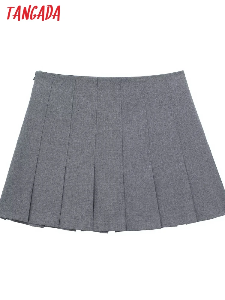 Tangada 2024 New Chic Women Gray Pleated Skirt High Waist Mini Skirts 3H016