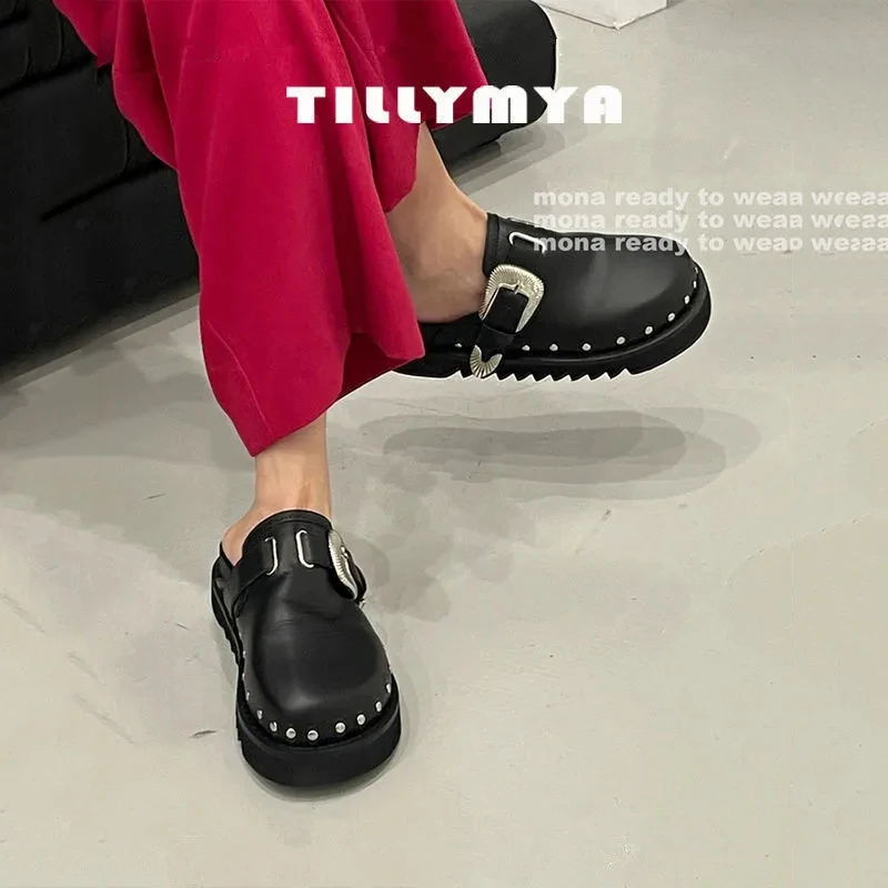 Summer Women Punk Slippers Shoes Metal Rivet Charms Black PU Mules Outdoor Platform Modern Slippers Casual Shoes For Female