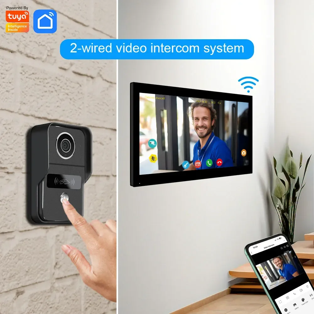 Anjielo Tuya Wifi inteligente sistema de timbre de vídeo de intercomunicación de dos líneas, pantalla táctil 7/10 para timbre de casa, compatible con cámara IP