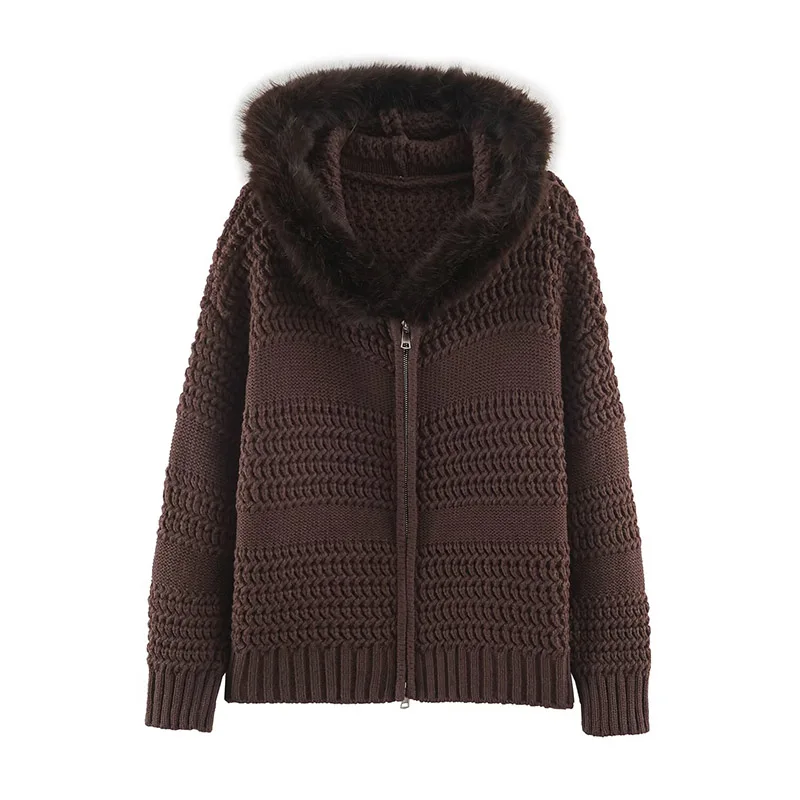 Women's Hooded Sweater Vintage Long Sleeved Thick Needle Fur Collar Knitted Tops Coffee Color Loose Double Zipper Cardigan