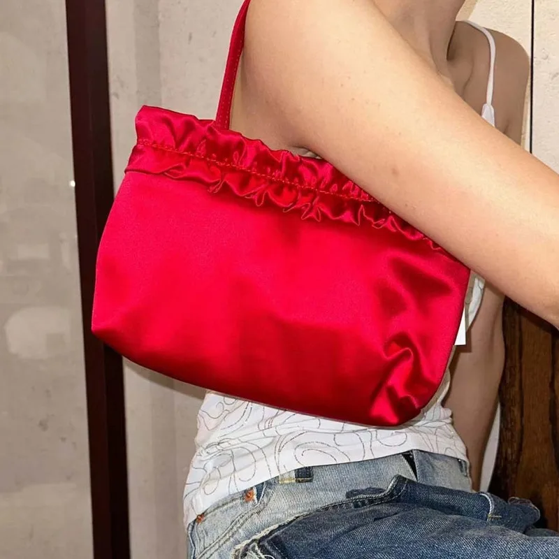 KK  New 2024 model, red bride niche handmade, satin lace underarm bag, women's shoulder bag bag luxury ladies handbags