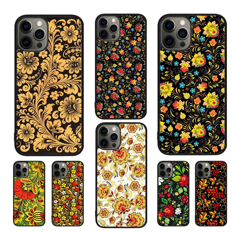 Khokhloma Russian Pattern Flower Phone Case For iPhone 16 15 14 11 12 13 mini Pro  XR XS MAX Plus coque Cover Shell