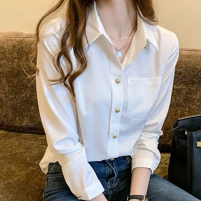 New Women's Shirt Unique Single Breasted Korean Version Fashion Long Sleeve Turn Down Collar Elegant White Shirt Women Tops D317