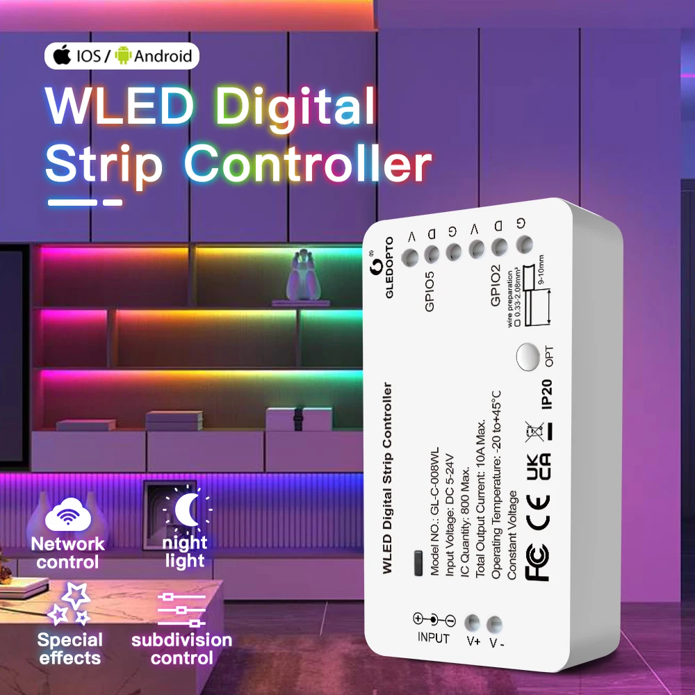 GLEDOPTO WLED LED Controller DIY Dynamic Lighting Mode APP Control 5-24V For WS2812B WS2811 SK6812 TM1814 WS2815 Light Strip