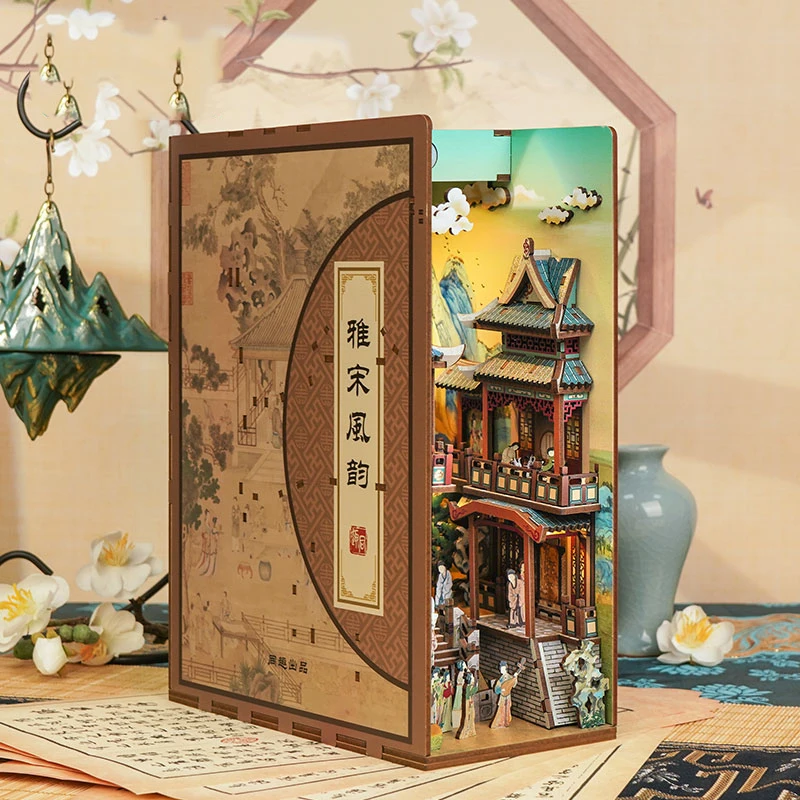 DIY Wooden Book Nook Shelf Insert Kits Miniature Chinese Ancient View Song Dynasty Bookends Toys Bookshelf Gifts Home Decoration