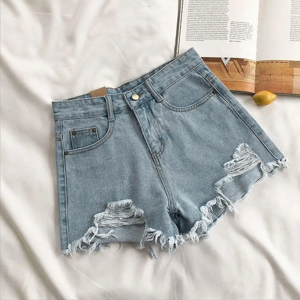 

Summer Women Denim Shorts High Waist A-line Solid Color Ripped Button Zipper Closure Retro Pockets Slim Fit Above Knee Length Sh