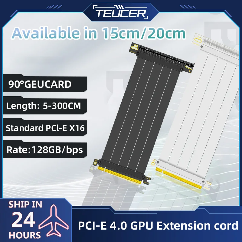 TEUCER PCIE 4.0 16x Riser Cable Graphics Card Extension Cable 15cm/20cm Flexible 90° Mounting GPU Shielded Extender