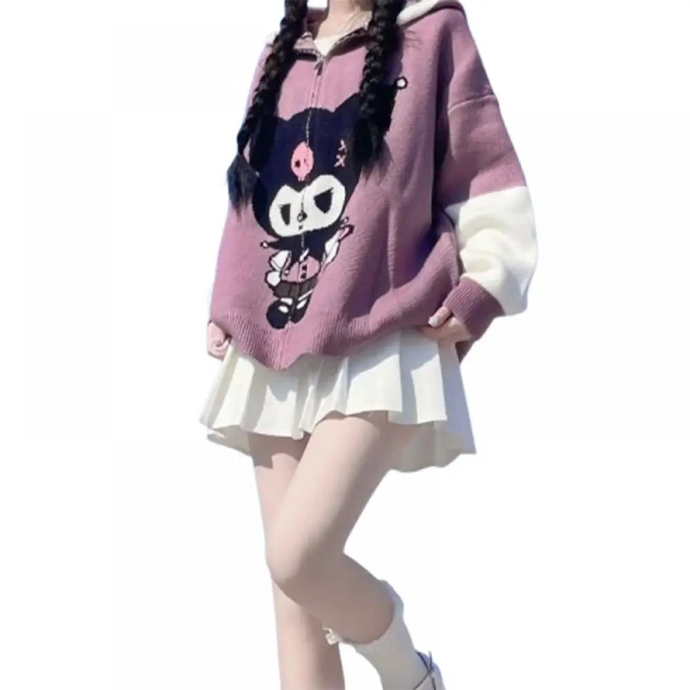 Kawaii Sanrio Kuromi meisje gebreid vest met capuchon jas herfst winter losse zoete anime cartoon afdrukken trui lange mouwen top