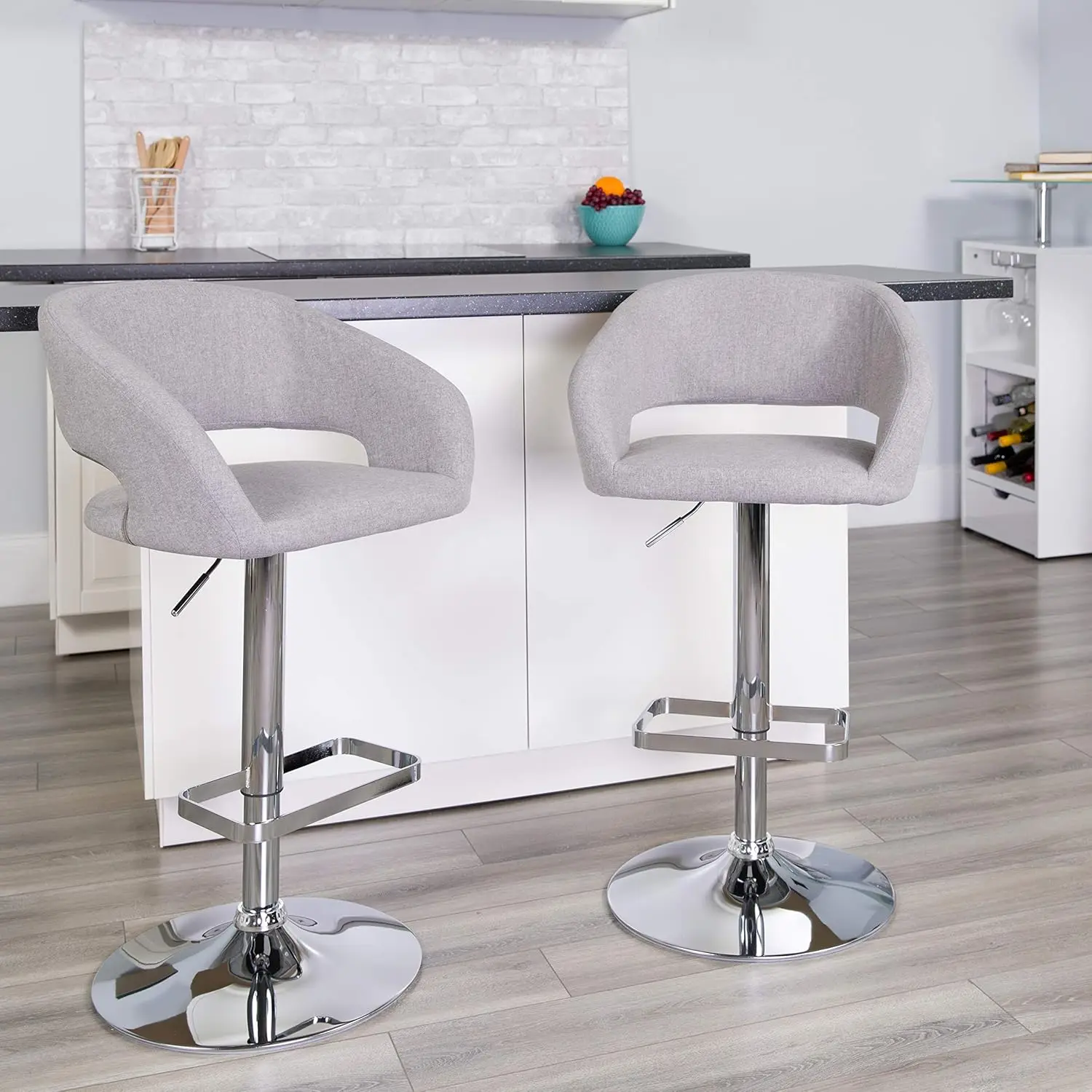 Contemporary Adjustable Height Barstool with Footrest and Rounded Mid-Back, Upholstered Bar or Counter Height Stool