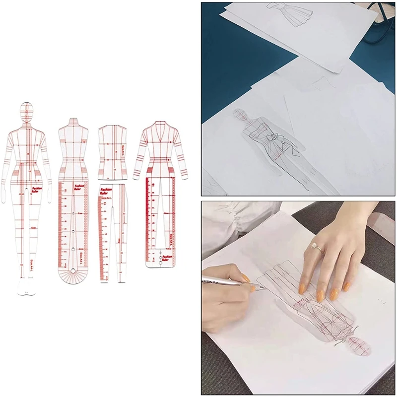 4 Models Human Pattern Template Ruler Clothing Measuring French Curve Rulers Essential Sewing Ruler for Beginner Tailor