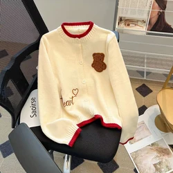 Sweet and cute bear contrast color embroidery knitted cardigan autumn and winter new round neck loose shirt long sleeve top