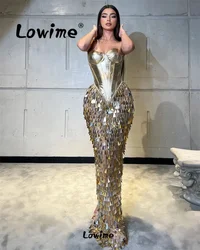 Luxury Gold Crystals Prom Dress 2024 Celebrity Evening Gowns Party Second Reception Birthday Engagement Dresses Robe De Soiree