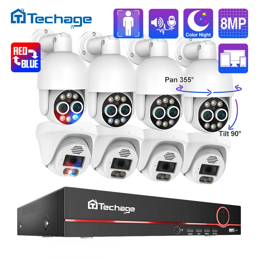 

Techage H.265 8MP 8CH POE Security Camera Set Smart AI Human Detected Dual Lens 4MP PTZ POE Camera Colorful Night Video CCTV P2P