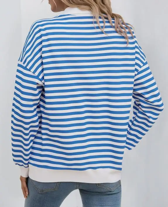 

Женская полосатая толстовка в студенческом стиле, свободный крой, молния, полуоткрытый воротник, осень 2021, свежий топ