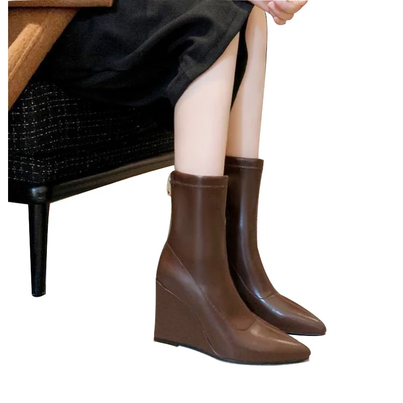 SHOFOO Fashionable women's high-heeled boots Black/brown short boots Elastic ankle boots About 11cm heel height Wedges boots