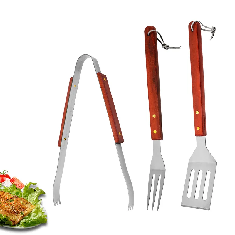 

Подходит для оптовой продажи производителей из нержавеющей стали с деревянной ручкой, вилка для барбекю, зажим для гриля, лопата, набор для барбекю на открытом воздухе