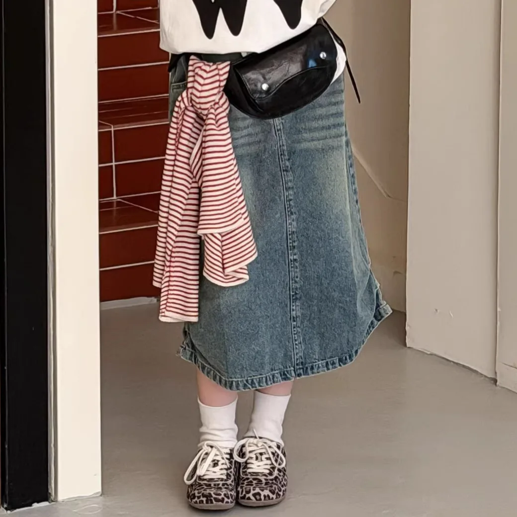 Girls Half Length Skirt 2026 Spring New Korean Edition Cowboy Half Length High Waist A-line Skirt Casual Fashion Daily Elegance