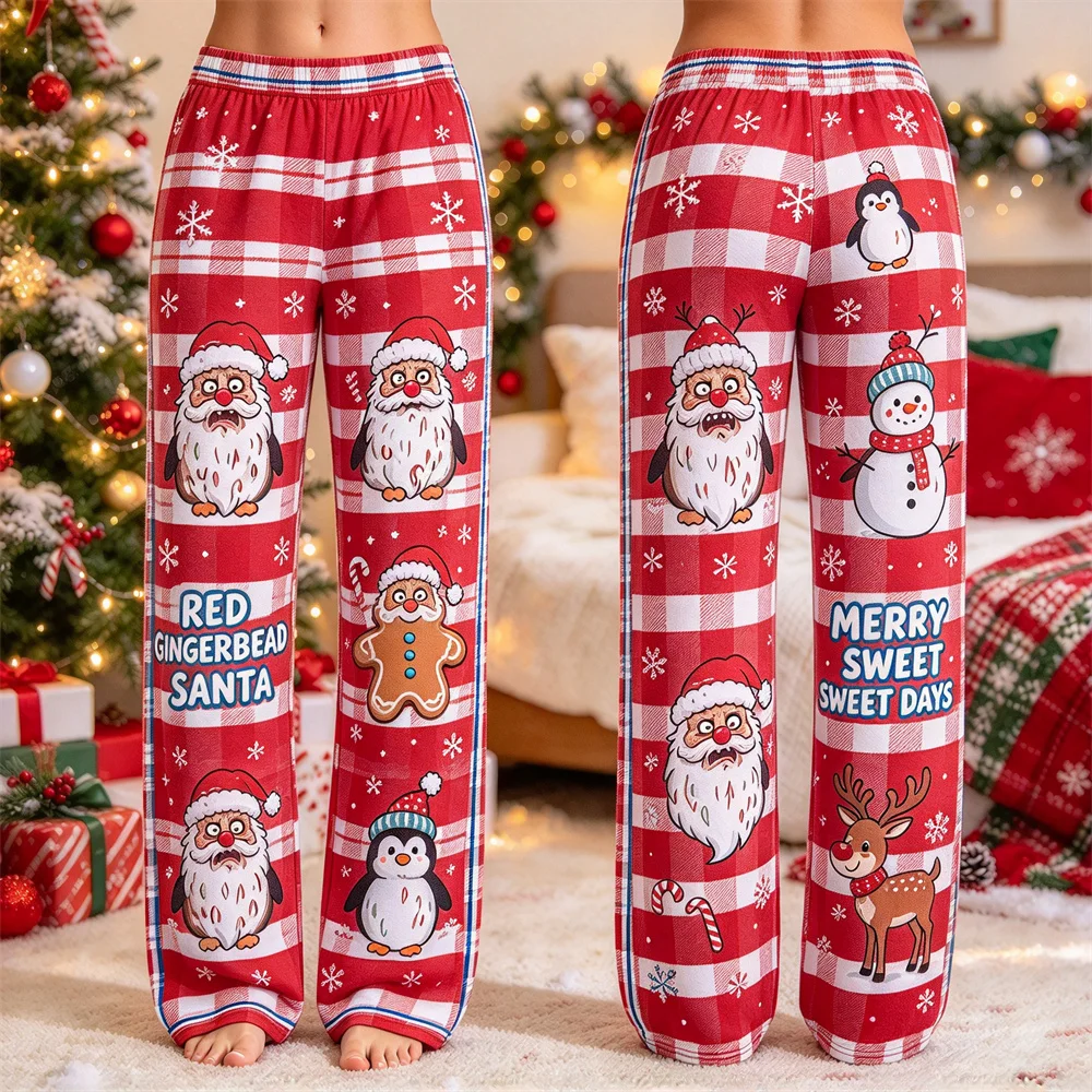 Women Plaid Christmas Santa Print Pajama Pants Loose Drawstring Long Trousers Soft Comfort Home Loungewear Holiday Sleep Bottoms