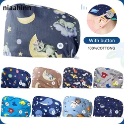 Adjustable Medical Hat with Buttons HeadCover with Sweatband Men Women Round Hat Multicolor Pure Cotton Hats Surgical Scrub Caps