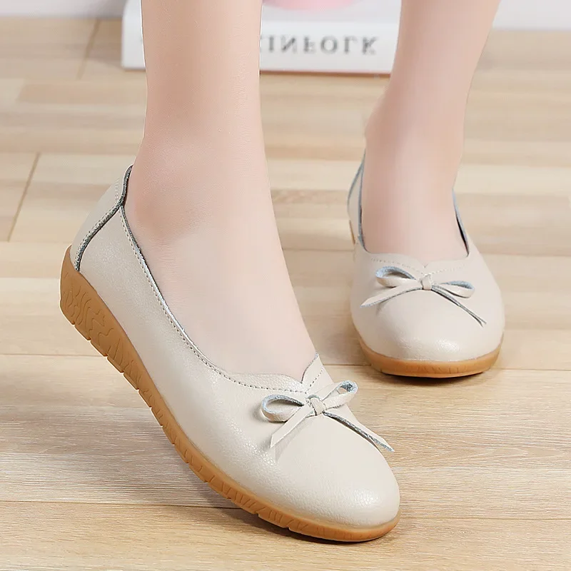 2022 Women Flats Ballet Shoes Genuine Cowhide Leather Breathable Moccasins Boat Ballerina Ladies Casual Loafers Off White