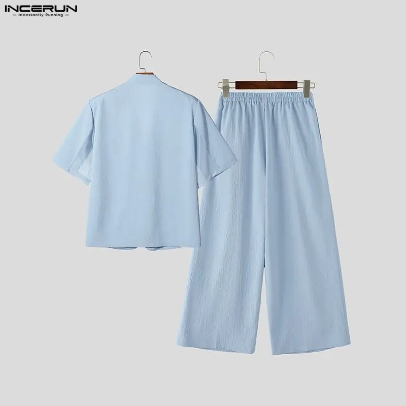 INCERUN Men Sets Solid V Neck Short Sleeve Blazer & Pants 2 Piece Sets Streetwear Men Clothing 2026 Loose Fashion Men Suits view 5