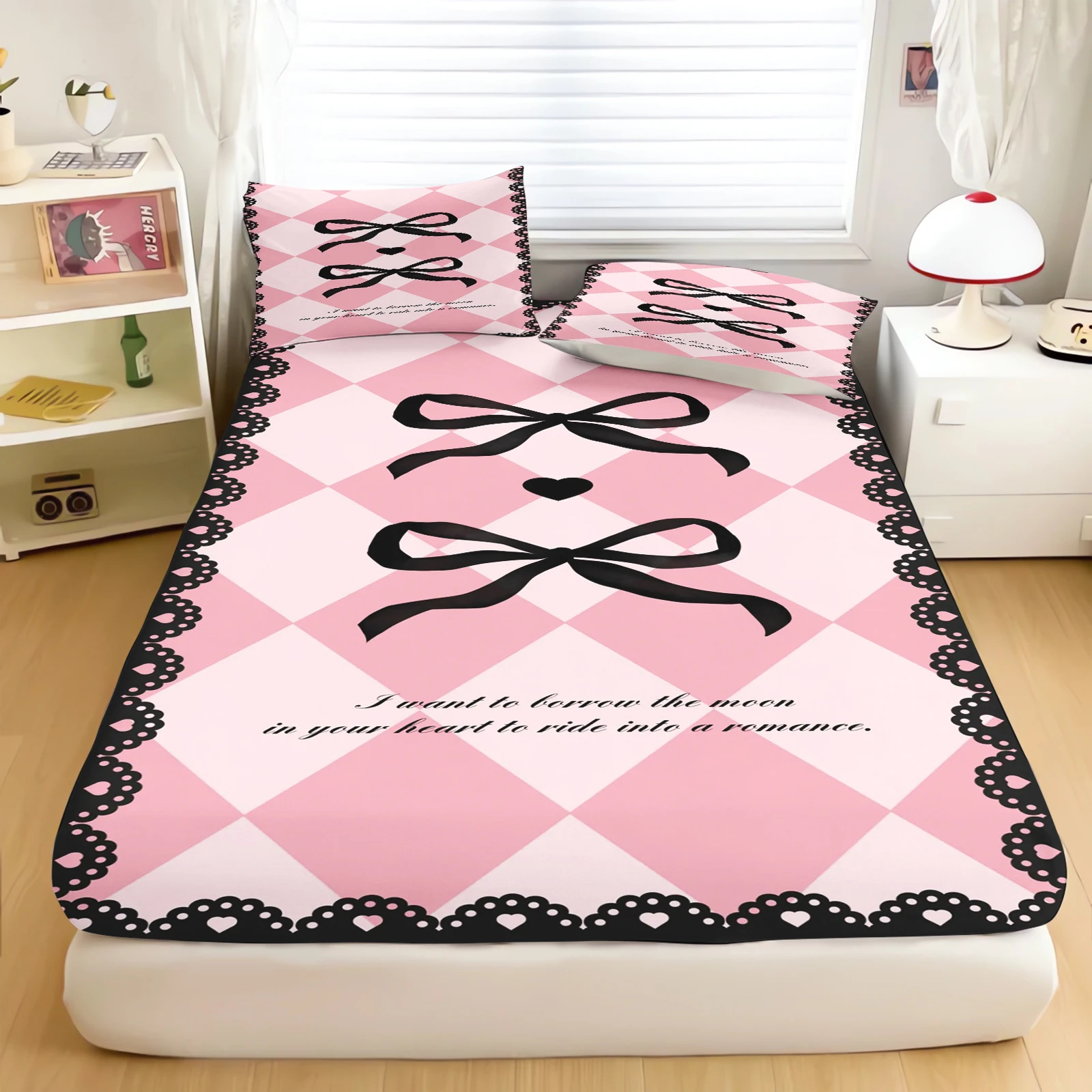 Cute and Romantic Bow Fitted Sheet and Pillowcase, Pink 3D Bedding Set, 100% Microfibre, 135 X 200 cm, for Boys and Girls