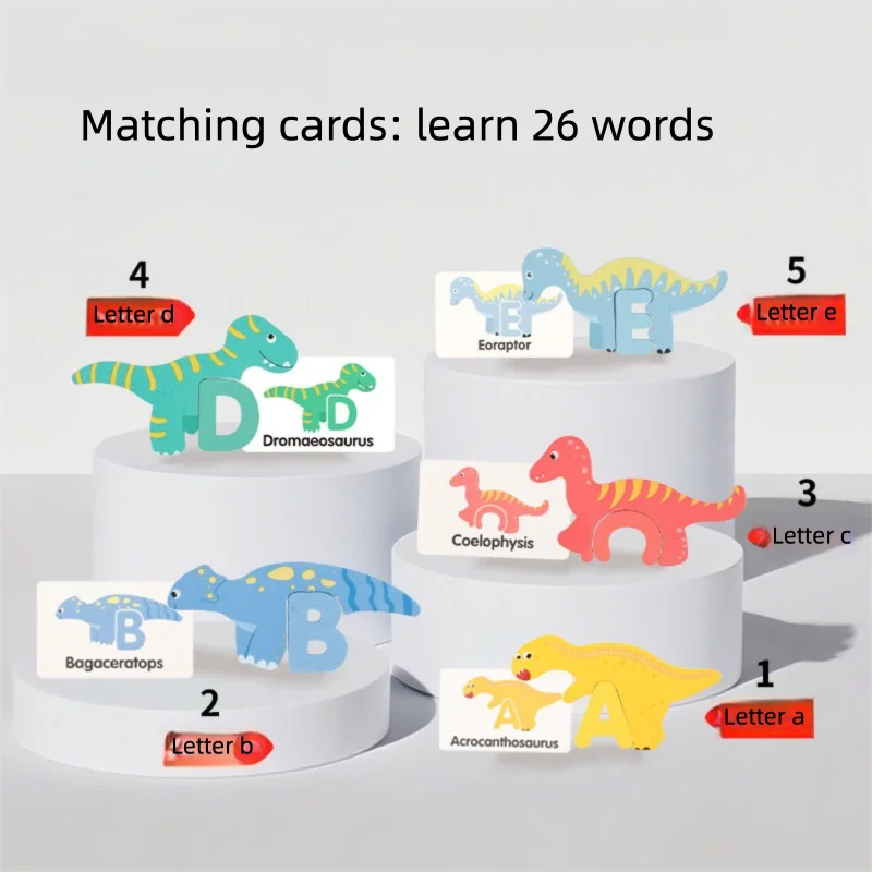 木製の創造的な恐竜の26文字、幼児教育パズルおもちゃ、啓蒙学習ゲーム、子供の教育