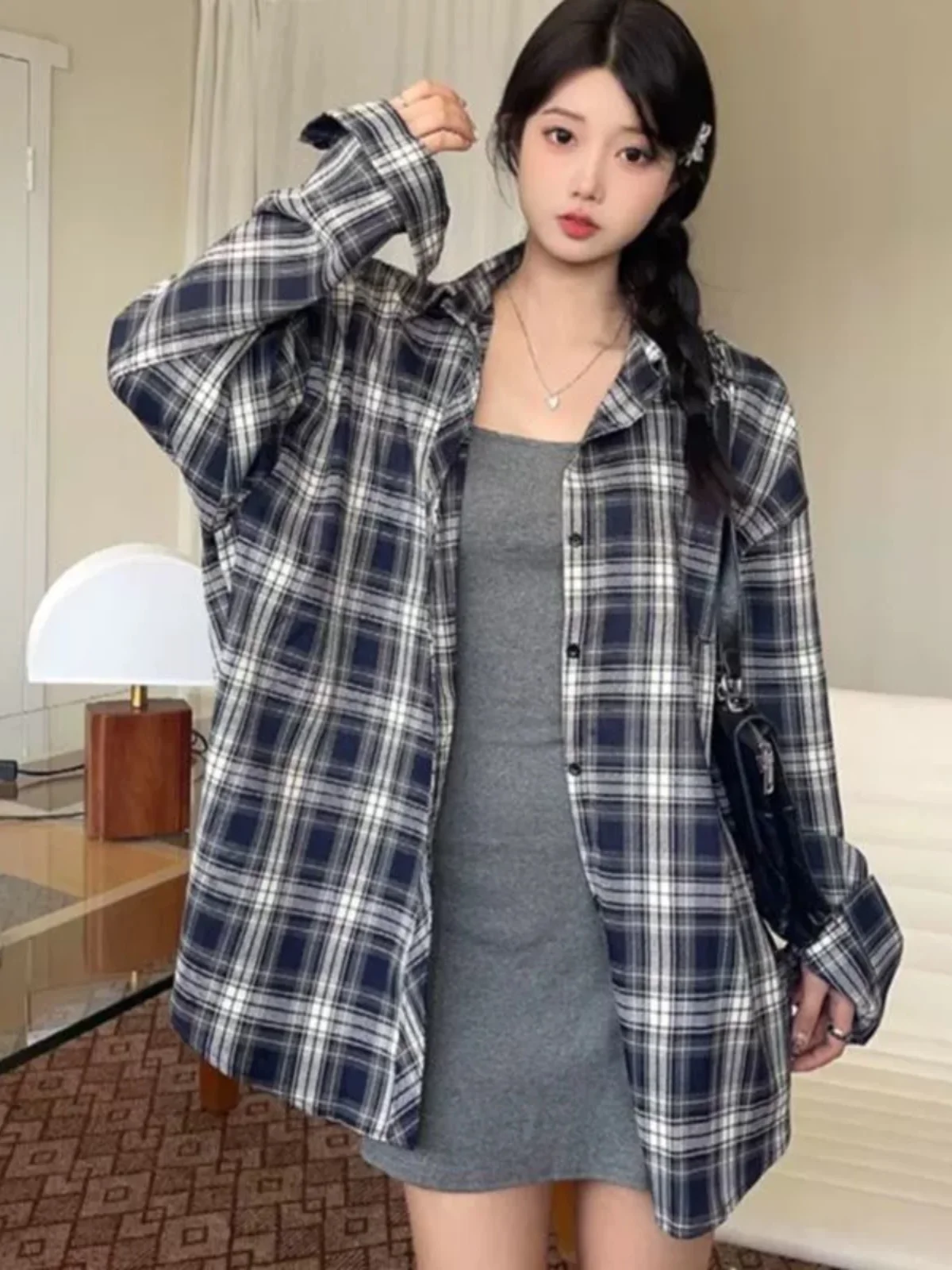 

Retro American Plaid Shirt Design Loose Long Sleeve Women's Casual Outerwear Soft Brushed Texture Neck Open Cardigan