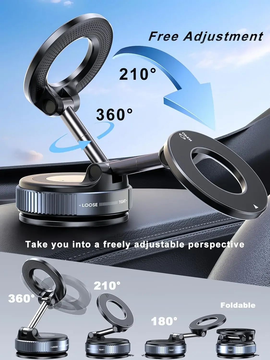 Faltbarer Starker Magnet Magnetischer Telefonhalter 360° ° Drehbarer Schreibtisch-Auto-Staubsauger mit Saugnapf für Windschutzscheibe und Armaturenbrett, Handyhalterung – Detail 6