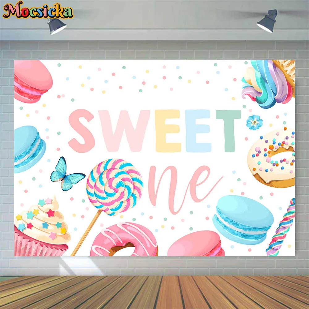 Mocsicka Donut Macaron Cake Cartoon Photography Backdrop Baby Girl Sweet One Birthday Party Photo Background Dessert Table Decor