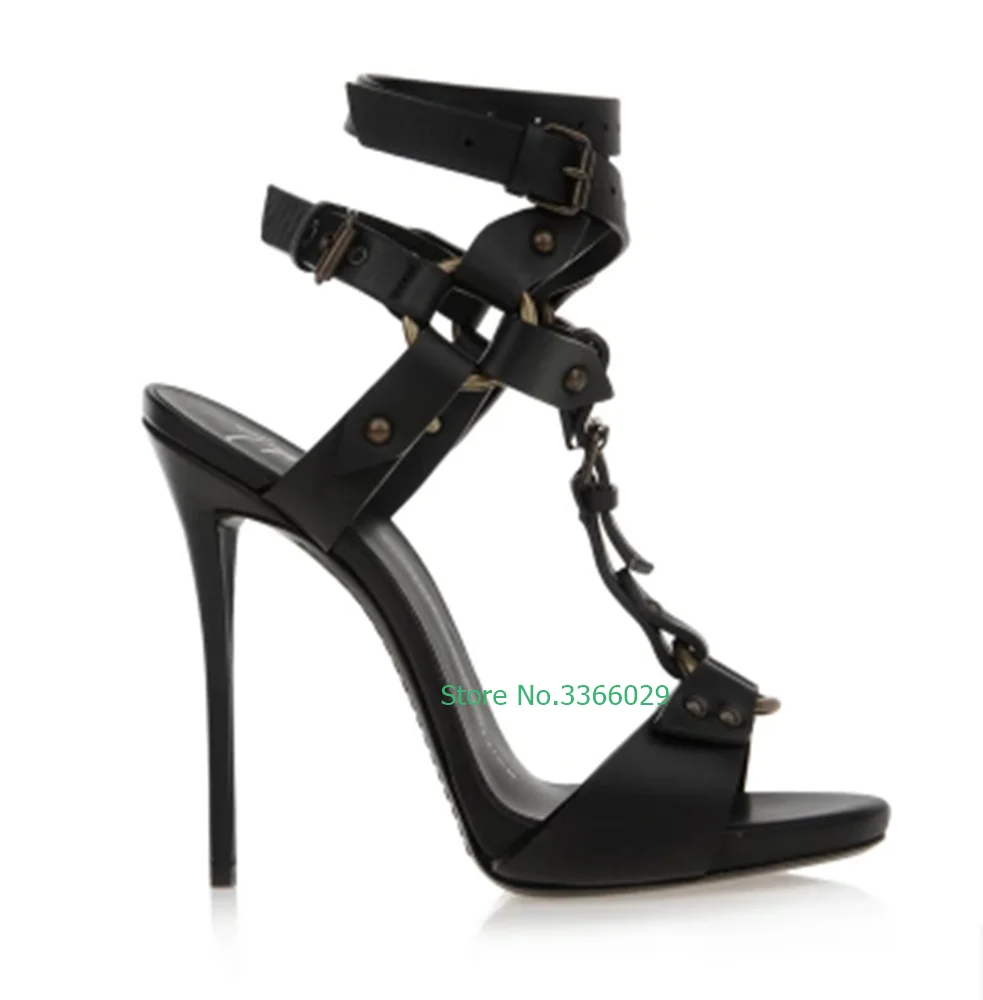 

Rivet Stiletto High-Heeled Sandals Open Toe T Strap Black White Fashion Ankle Buckle Street Style Women's Summer Rome Shoes