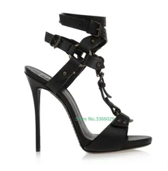 Rivetto Stiletto sandali con tacco alto Open Toe T Strap nero bianco moda fibbia alla caviglia Street Style scarpe estive da donna roma