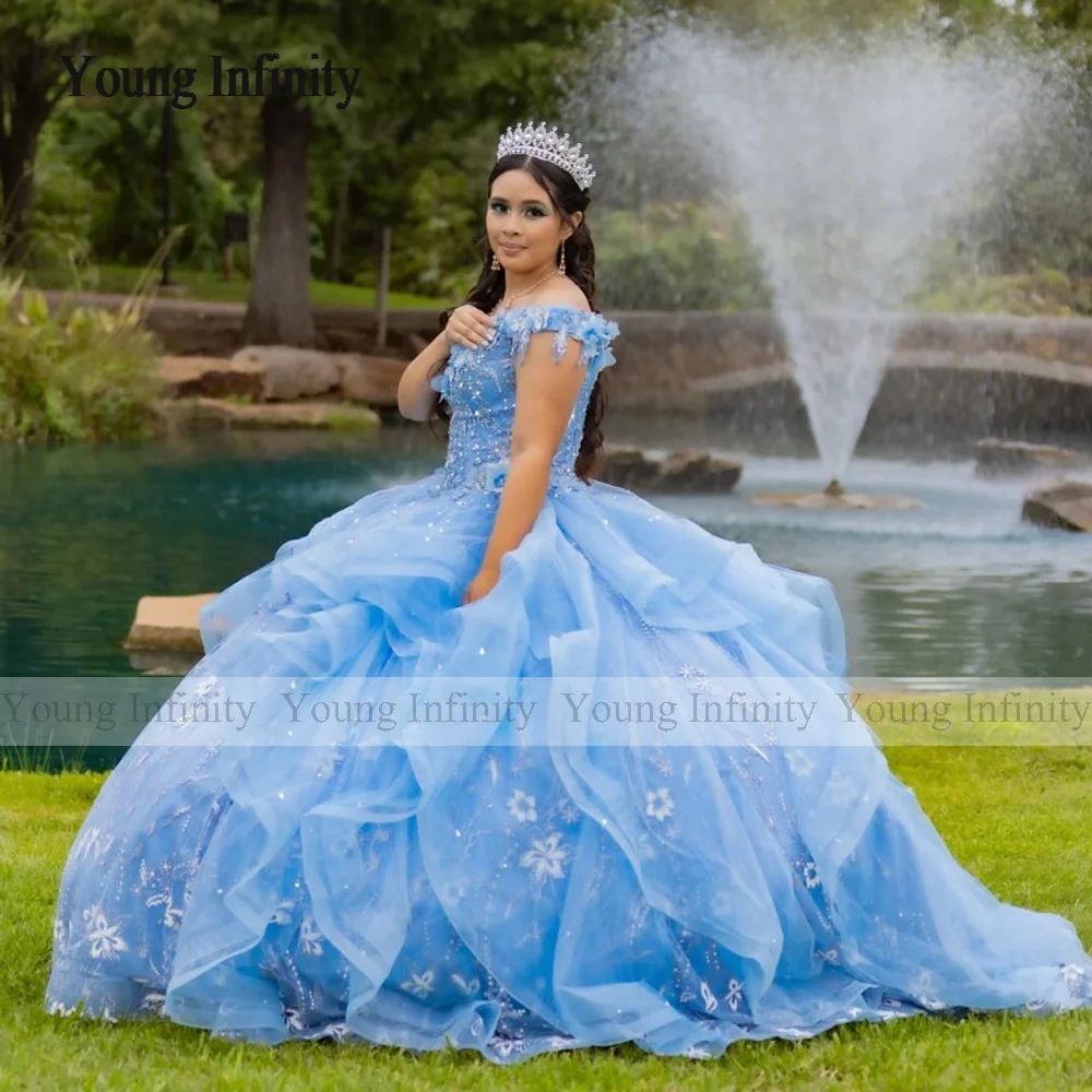 Sky Blue V-Neck Ball Gown Quinceanera Dresses For Girls Beaded Birthday Party Gowns Applique Beads Lace Up Back Graduation Gown